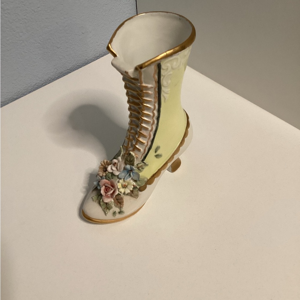 Lefton Yellow and Gold Hand Painted Lace Up Decorative Boot Accent MK72